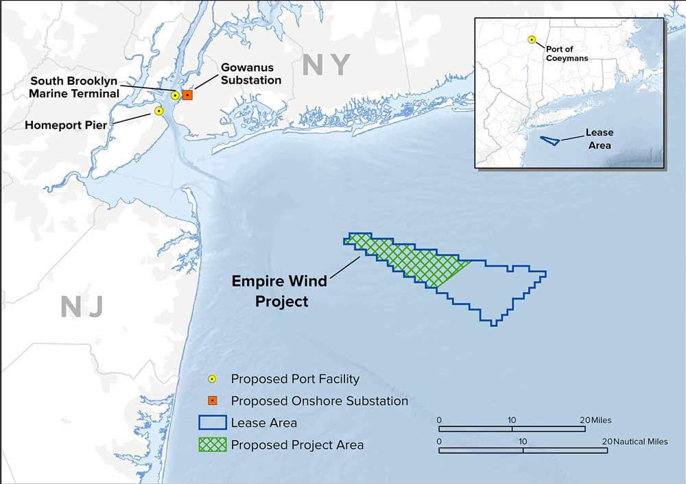 Map of the Empire Wind lease area and proposed project area in the Atlantic Ocean south of Long Island, with proposed port facilities and an onshore substation in Brooklyn